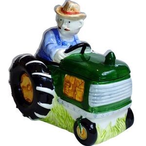 Vintage AMC Farmer & Tractor Musical Ceramic Cookie Jar "Farmer in the Dell"